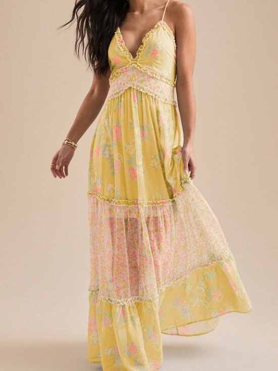 Dresses & Skirts - Light Yellow Boho Women's Floral Cami Sleeveless V-Neck Flowy A-Line Party Dress